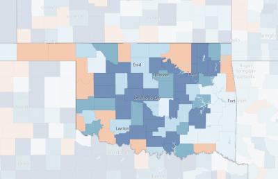 Map of gross domestic product percent change from previous year by county in Oklahoma