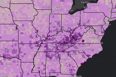 Map of the eastern portion of the United States showing opioid pills per capita