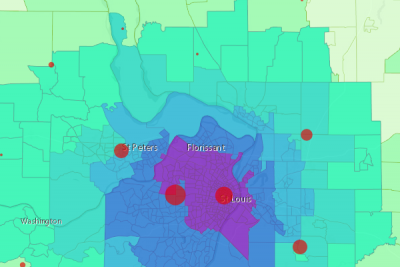 Map of COVID-19 cases by county centroid and number of ICU beds in St. Louis, MO